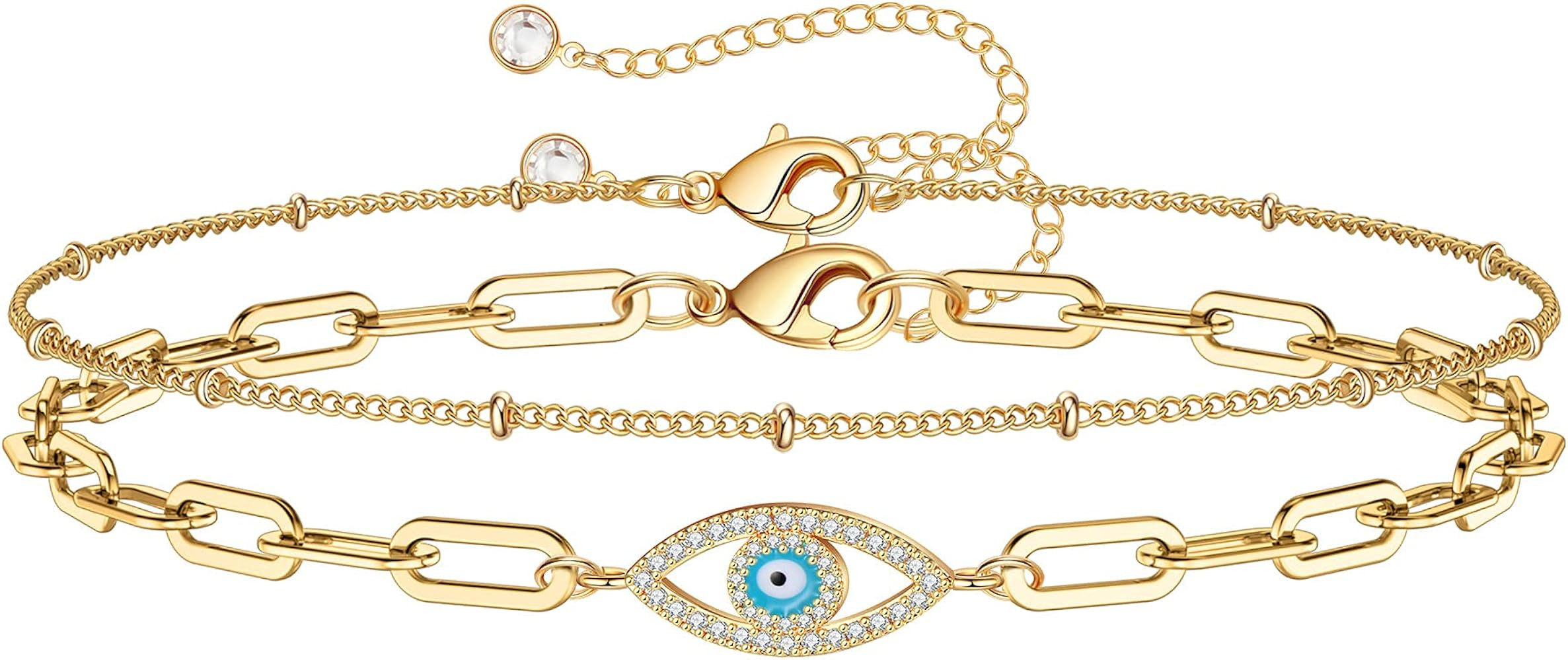 Dainty Gold Bracelets for Women, 14K Gold Filled Adjustable Layered Bracelet Cute Evil Eye Oval C... | Amazon (US)