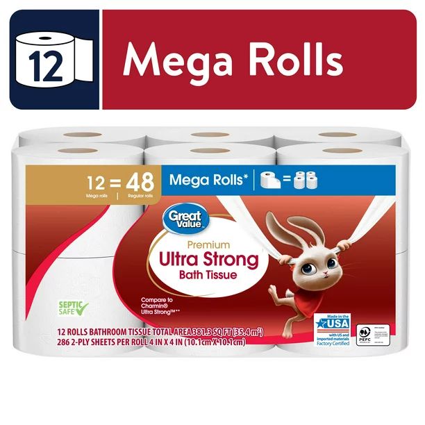 Great Value Ultra Strong Toilet Paper, 12 Mega Rolls - Walmart.com | Walmart (US)