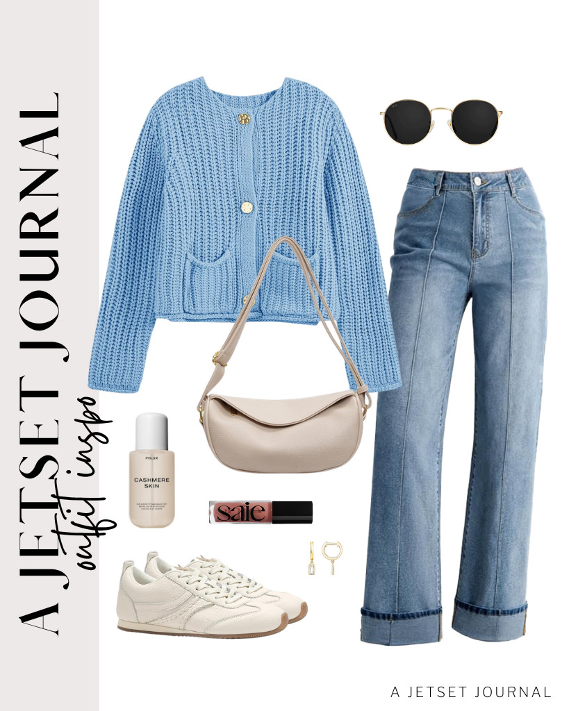 If you want an outfit that is a bit girly and fresh, you have to see this combo of a blue cardigan and wide-leg jeans. These fashion sneakers from LUCKY STEP add comfort and style to the fit. 

 #LTKSeasonal #LTKSaleAlert #LTKTravel