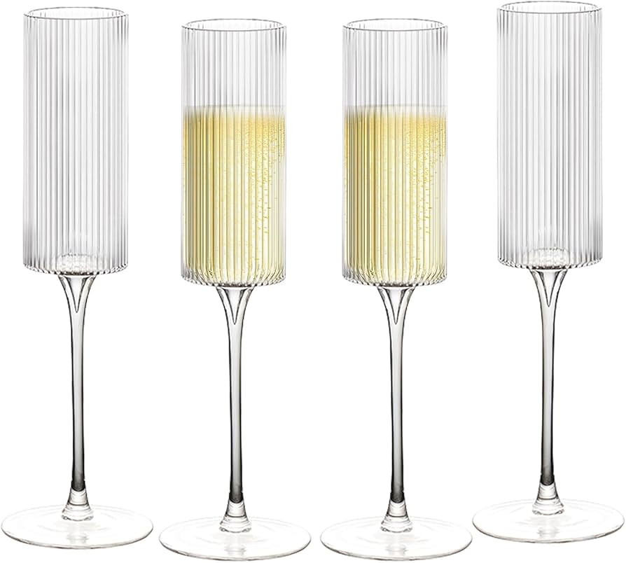 Ribbed Champagne Glasses | Unique Fluted Design | Tall Champagne Glasses with Long Stem | Fancy a... | Amazon (US)