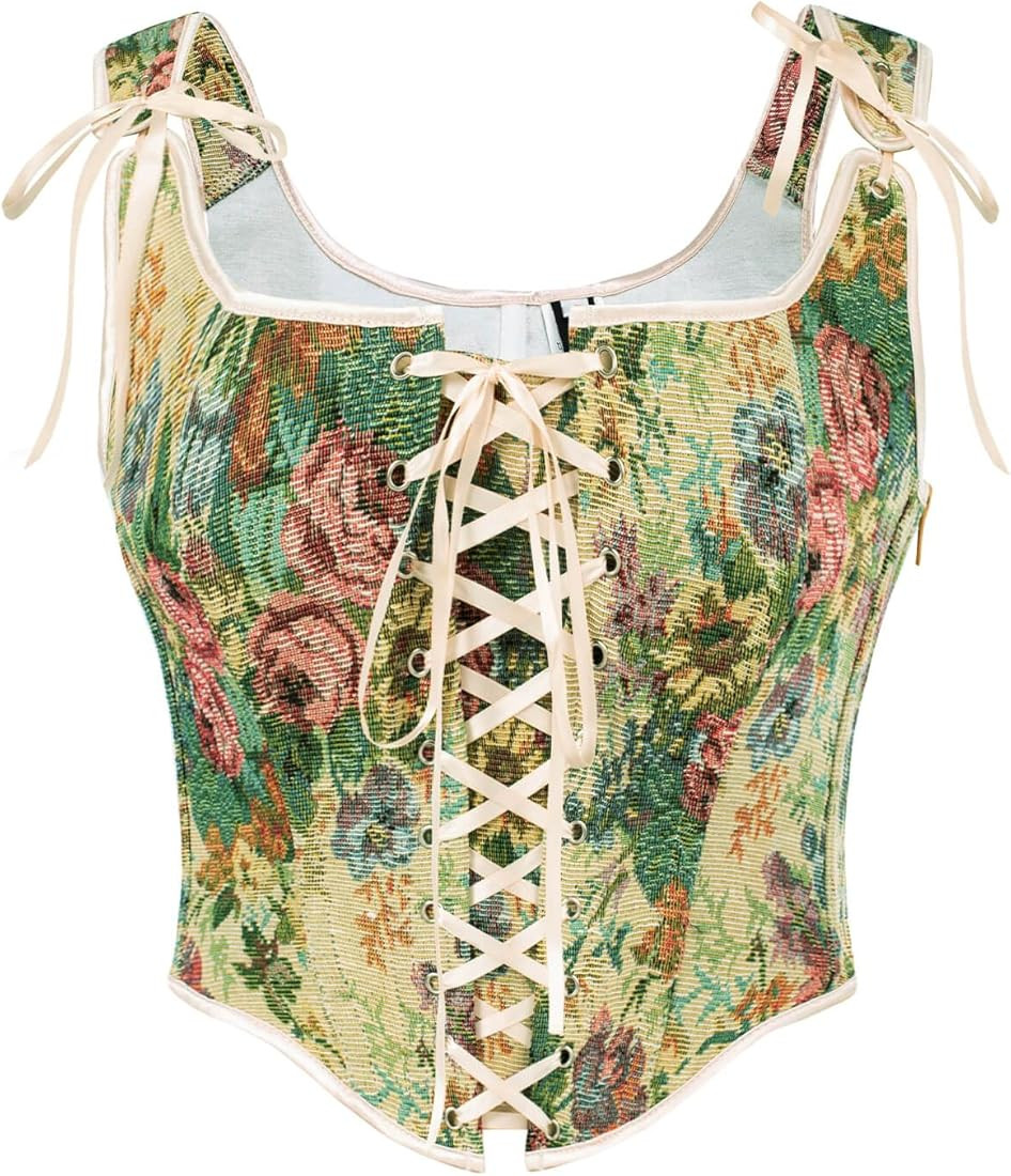Scarlet Darkness Corset Tops for Women Renaissance Lace Up Floral Overbust Boned Bustier Bodice | Amazon (US)