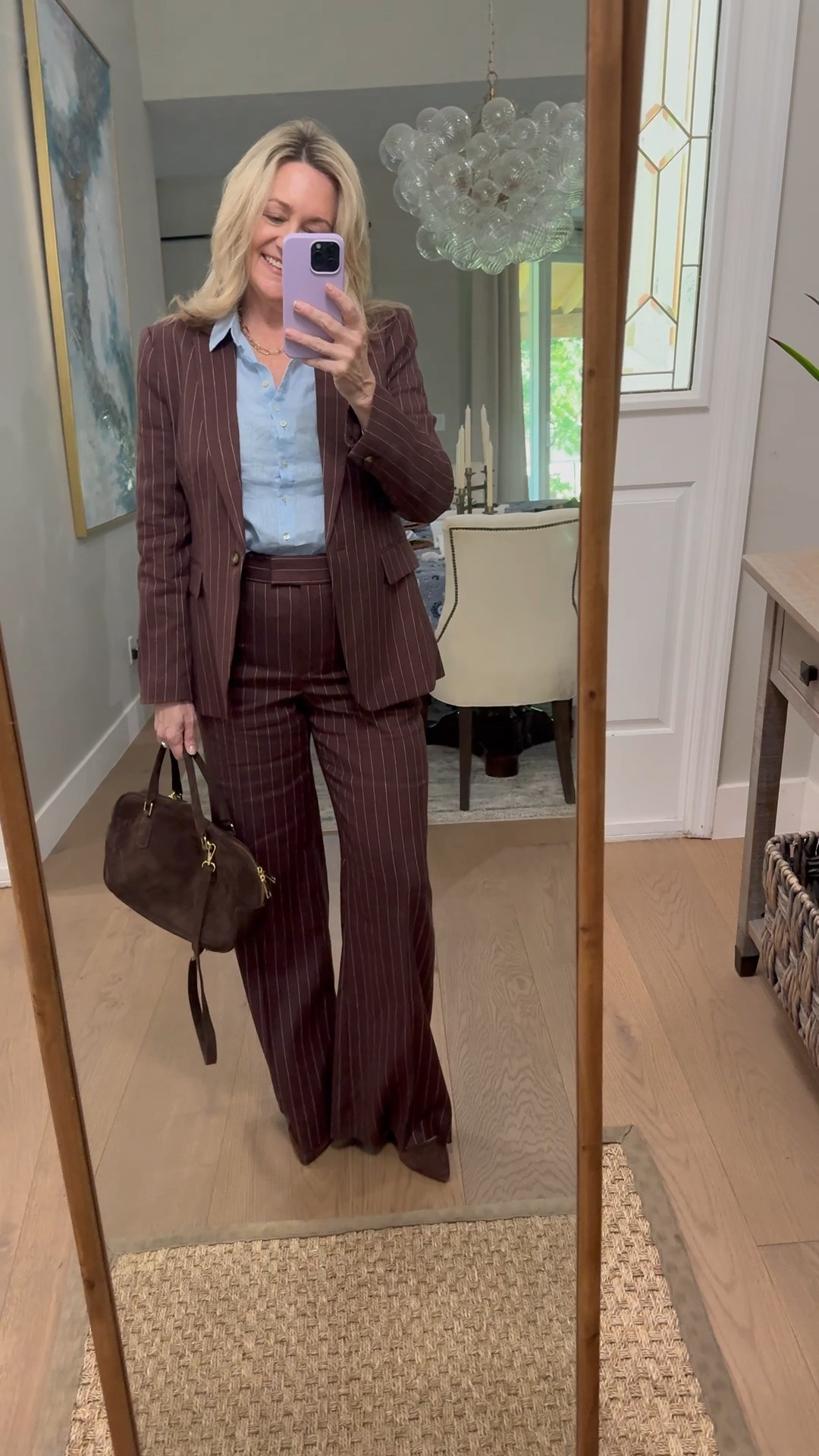 Love this pinstriped chocolate brown suit.  Work outfit, workwear

#LTKWorkwear #LTKootd #LTKMidsize