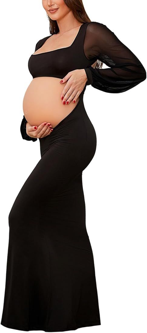 MOMOOD Maternity Dress for Photoshoot Mesh Long Sleeve Cut-Out Backless Maternity Gown for Photos... | Amazon (US)