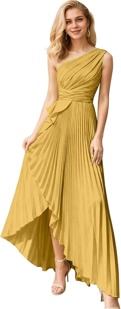 Pleated Satin Bridesmaid Dress for Women One Shoulder Long Formal Evening Dress with Slit | Amazon (US)