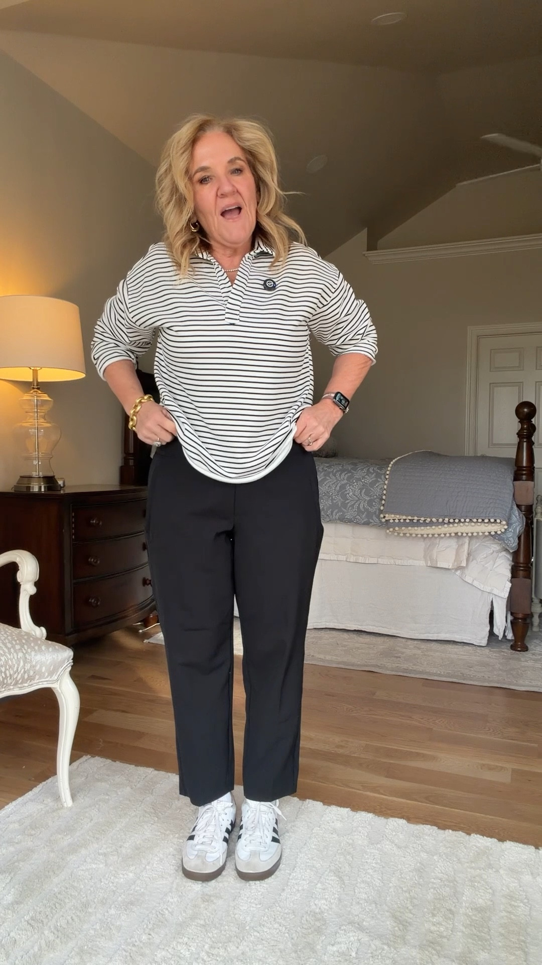 Amazon top size medium. It’s a midweight French Terry.
Endless pants by Athleta are 30% off. It’s a great time to pick up a new color or try the style. They’re perfect for travel work at leisure and still look put together. I’m wearing a size 8 petite.
I’m rediscovering my Adidas sambas. I love the crisp lines and simple black-and-white.

Linking a few of the favorite things that were shared at the Galentine’s lunch today

Also linking some of my favorites from Ballard designs like my Pom Pom quilt, bedding and kitchen curtains  

#LTKValentine #LTKSaleAlert #LTKOver40 #LTKHome #LTKOver40 #LTKootd