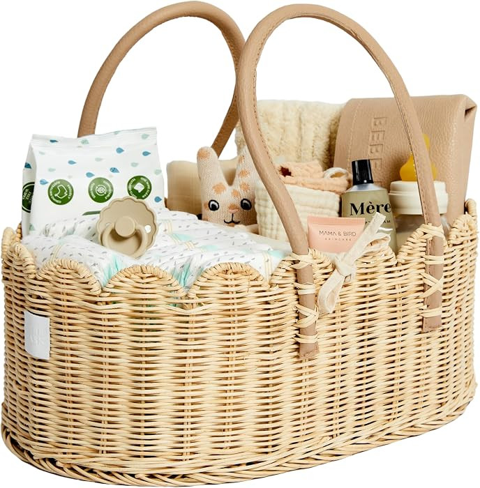 BEBE BASK Premium Baby Diaper Caddy Organizer - Scalloped Rattan Basket | Amazon (US)