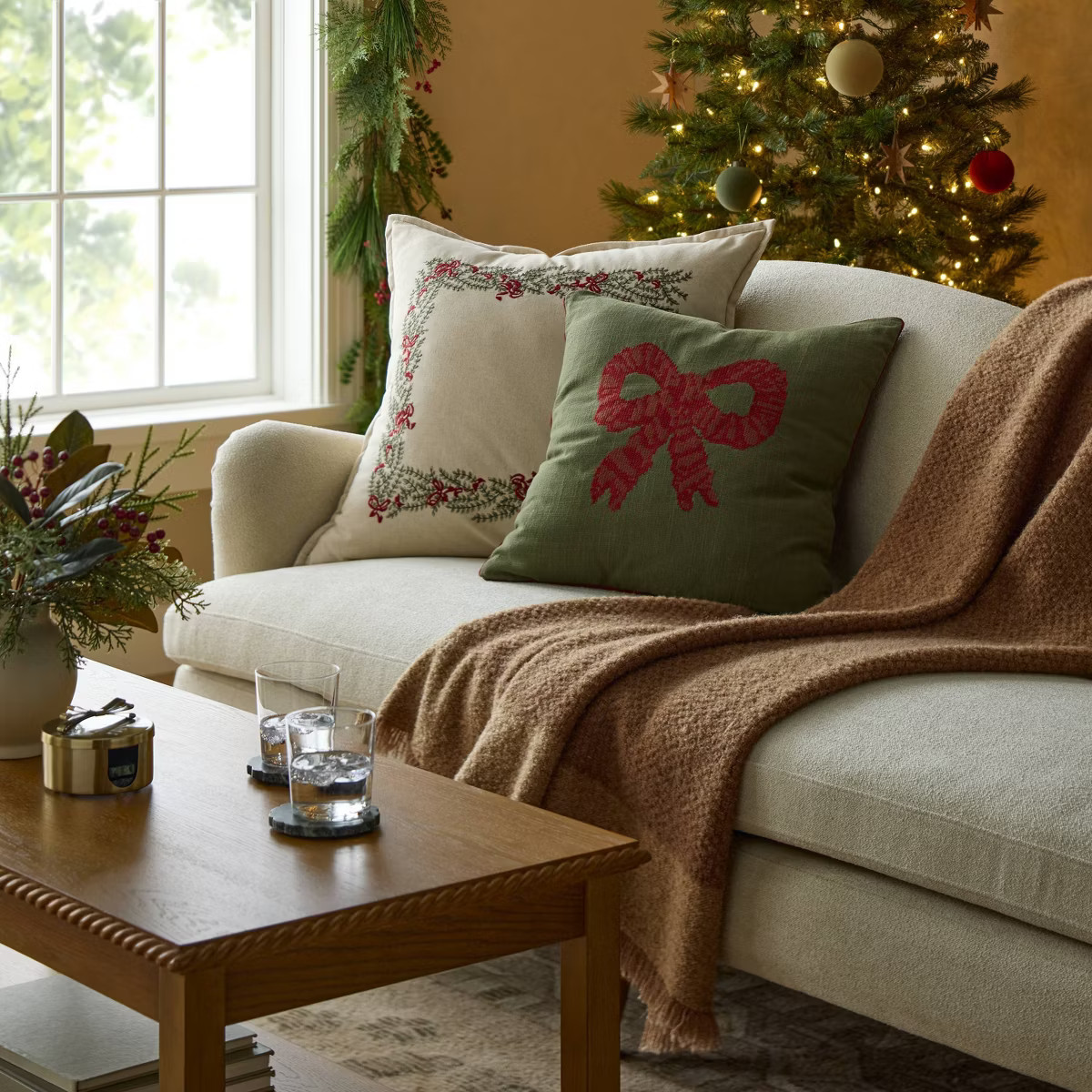 20"x20" Dark Green with Red Bow Pillow - Threshold™ designed with Studio McGee | Target