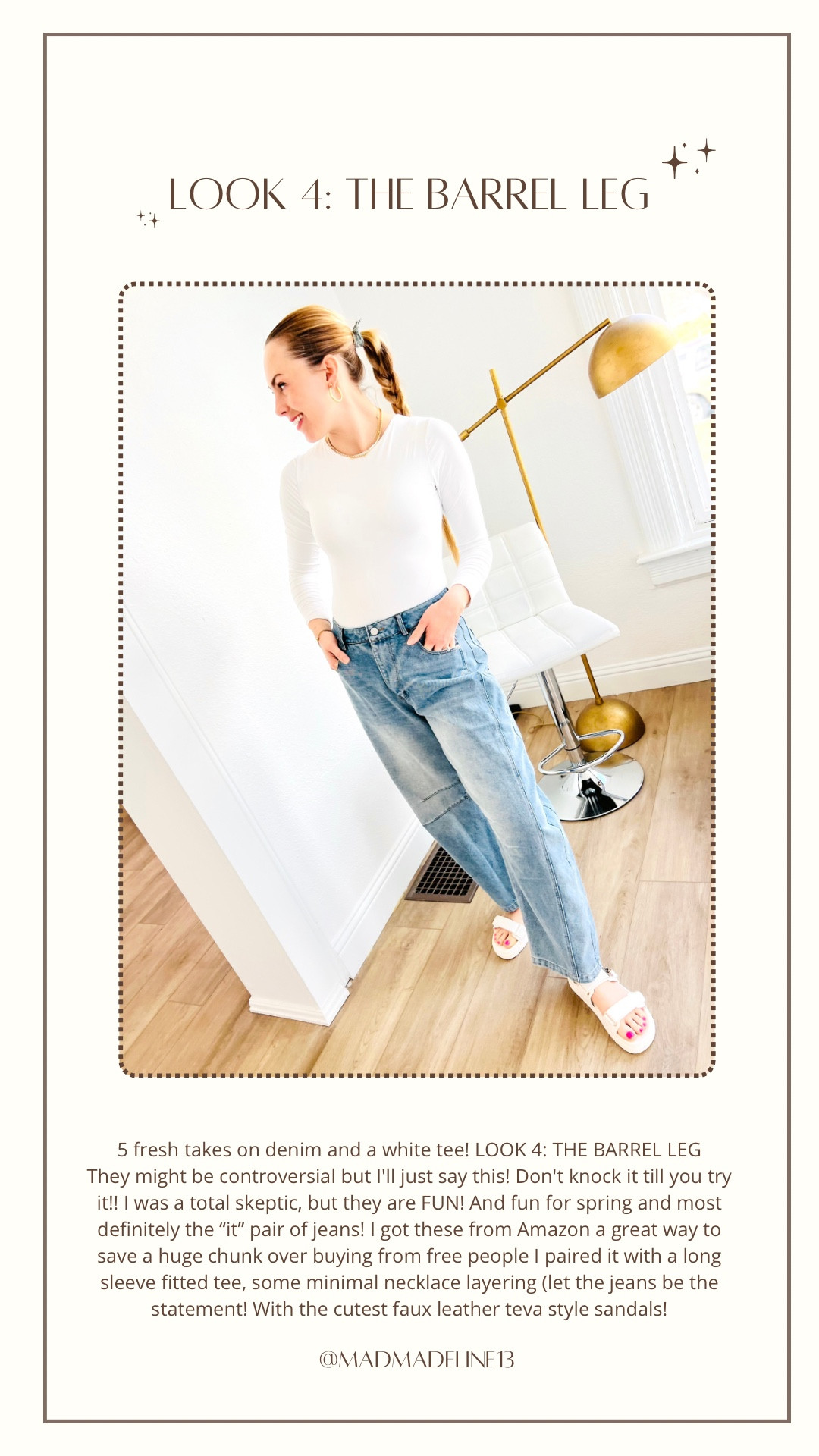 5 fresh takes on denim and a white tee! LOOK 4: THE BARREL LEG
The top and jeans I’m wearing are both from Amazon! Until I’m able to post links from Amazon I’ve included some lookalikes- or you can find the links on my instagram page!

#LTKfindsunder100 #LTKshoecrush #LTKfindsunder50