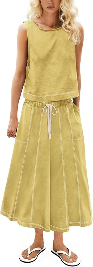 Women’s 2 Piece Cotton Skirt Set Sleeveless Draped Tank Top Drawstring Midi Skirt Y2K Lounge Ou... | Amazon (US)