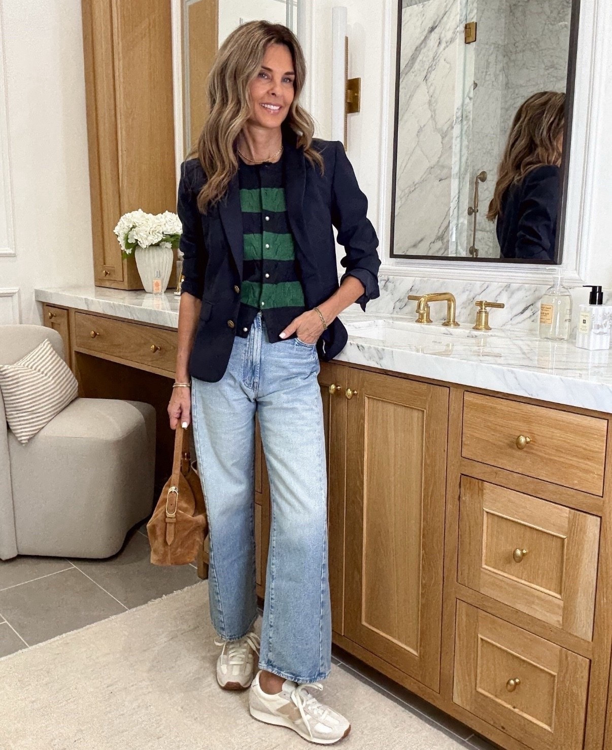 -Mother jeans  do not disappoint. People stop me to ask about them. I took my true size. I’m 5’6"
-cardigan is so cute with pearl buttons, very soft! 
-sneakers TTS 
-Blazer TTS Wearing a 2 

#LTKWorkwear #LTKootd #LTKOver40