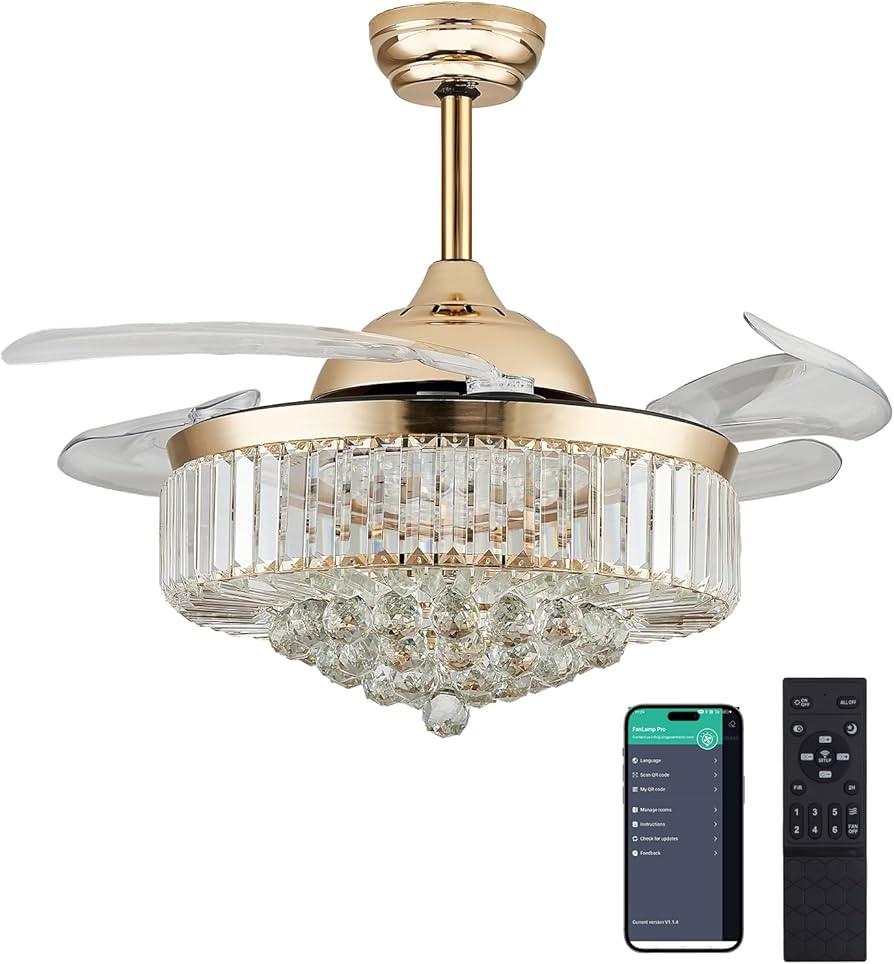 DuMaiWay 42" Dimmable Crystal Ceiling Fan with Light, Fandelier,Chandelier Fan with 4 Retractable... | Amazon (US)