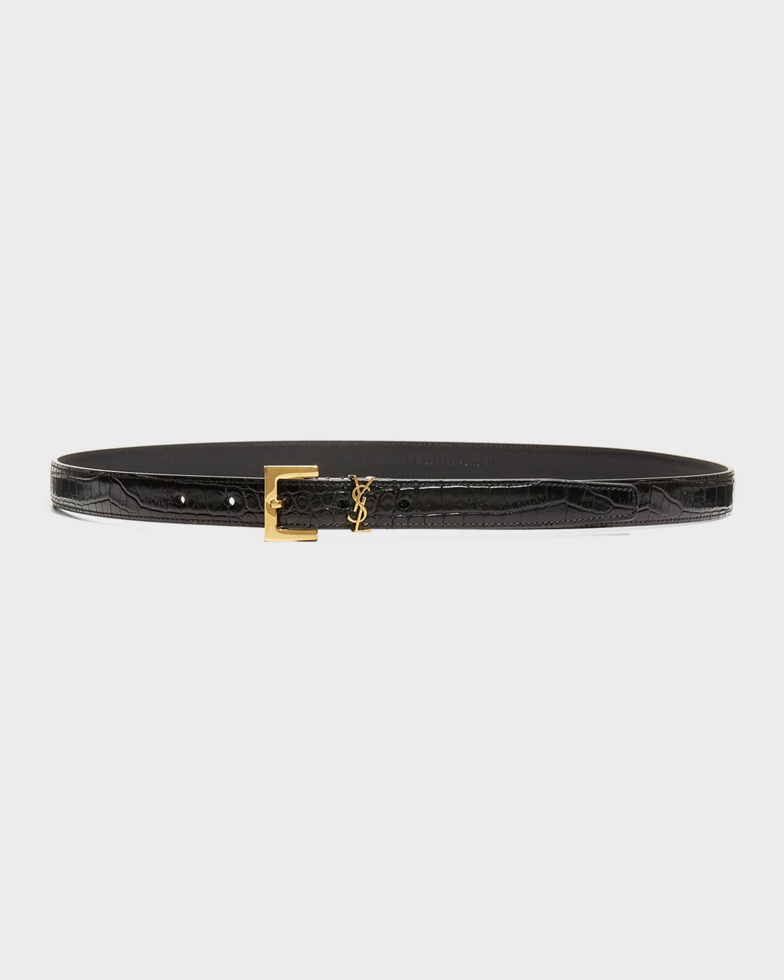 YSL Croc-Embossed Skinny Belt | Neiman Marcus