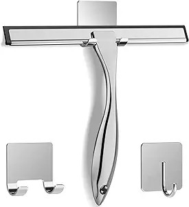 All-Purpose Stainless Steel Shower Squeegee for Shower Glass Door with 2 Adhesive Hooks, Bathroom... | Amazon (US)