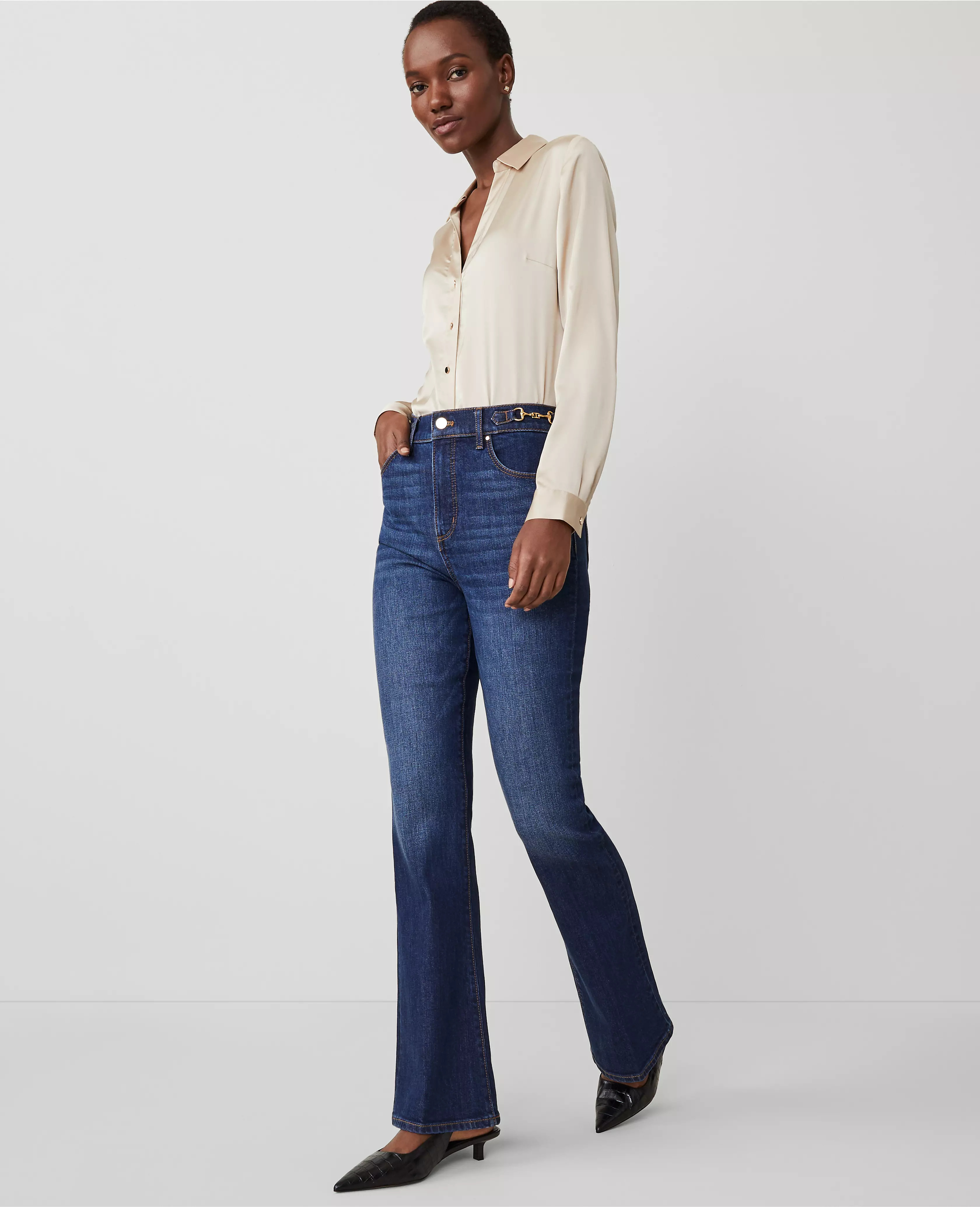 Horsebit High Rise Flare Jeans in Rich Indigo | Ann Taylor (US)