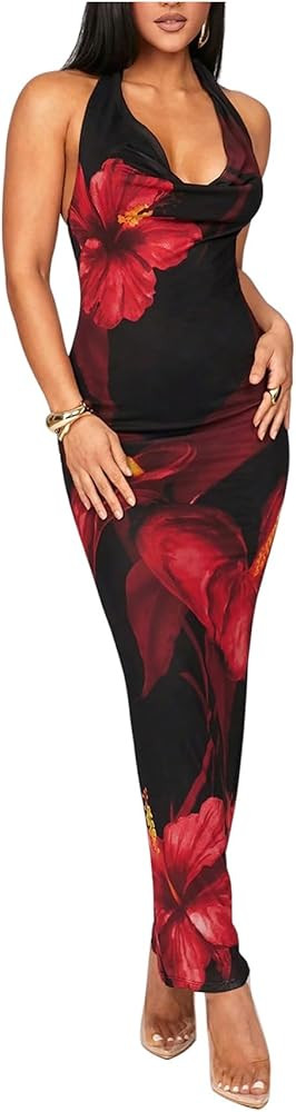 SOLY HUX Women's Floral Print Halter Maxi Dress Draped Cowl Neck Sleeveless Backless Bodycon Part... | Amazon (US)