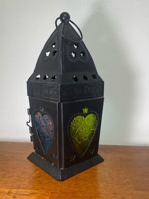 Moroccan Style Metal Lantern Candle Holder – Vintage Heart Glass Panels | eBay US