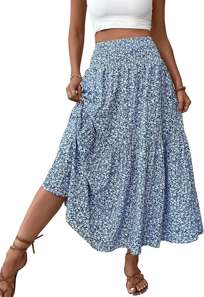 Women's Boho Maxi Skirt Floral Printed Smocked High Waist Long Skirts with Pockets Flowy Ruffle A... | Amazon (US)