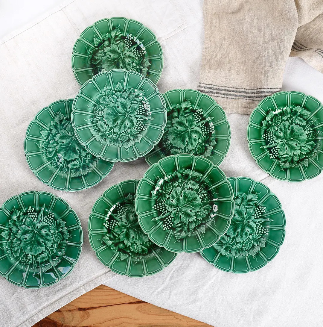 Sarreguemines dessert or cheese plates in French green majolica, decorated with vine leaves and b... | Etsy (US)