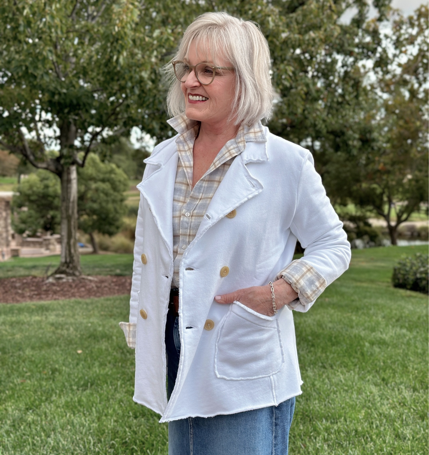 Fall calls for soft layers in cozy fabrics. 🍁 
I’m loving this cozy triple fleece Belfast Jacket in fresh White (size S).
It’s perfect for travel because it’s softly structured. 
I’m wearing it over the softest Italian Flannel Shirt in a pretty gray plaid (size S)
My love of @FrankandEileen deepens with every item I incorporate into my wardrobe. They’re a woman owned B-Corp leader in the slow fashion movement. Every item is made with extreme care in sunny California. 
You can learn more about Frank and Eileen through the LTK app and shop all my favorites. 
#FrankandEileenPartner #wearloverepeat 

#LTKOver40 #LTKSeasonal #LTKTravel