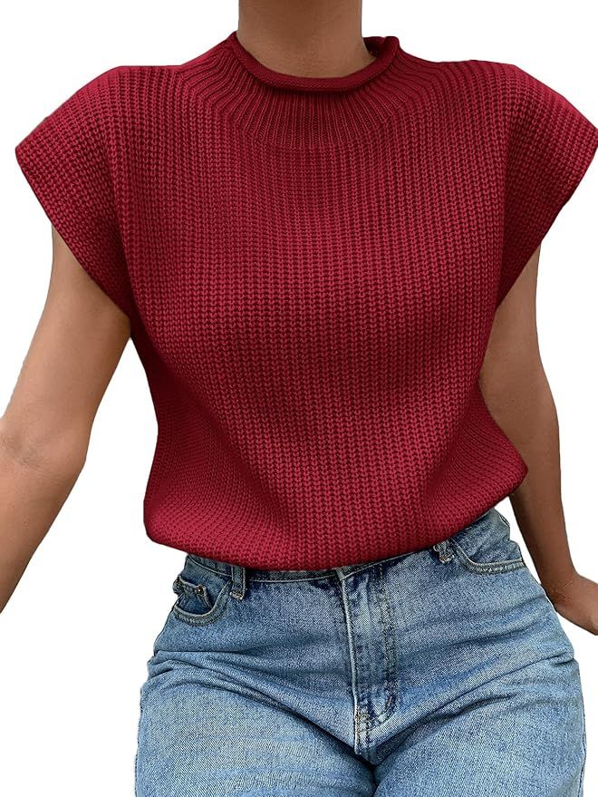 SheIn Women's Mock Neck Short Cap Sleeve Sweater Vest Casual Solid Pullover Top | Amazon (US)