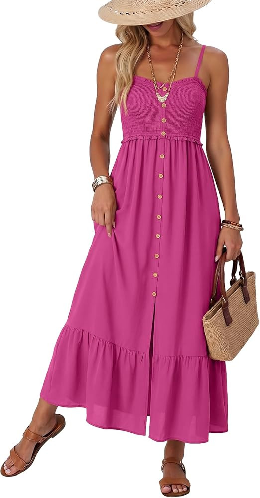 Dokotoo Womens Summer Dresses 2026 Sleeveless Spaghetti Strap Button Down Smocked Beach Vacation ... | Amazon (US)