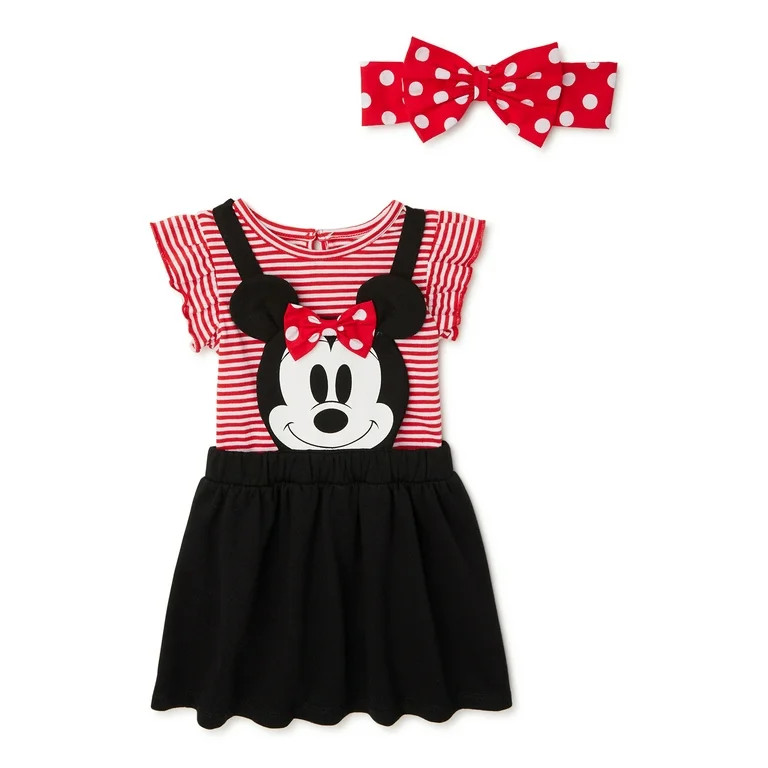 Disney Minnie Mouse Baby Girls Bodysuit, Pinafore & Headband, 3-Piece Outfit Set, 0/3-24 Months -... | Walmart (US)