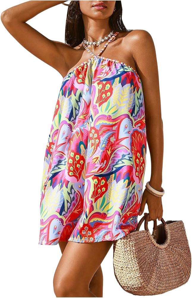 OYOANGLE Sundresses for Women Boho Graphic Halter Dresses Criss Cross Tropical Holiday Swing Shif... | Amazon (US)