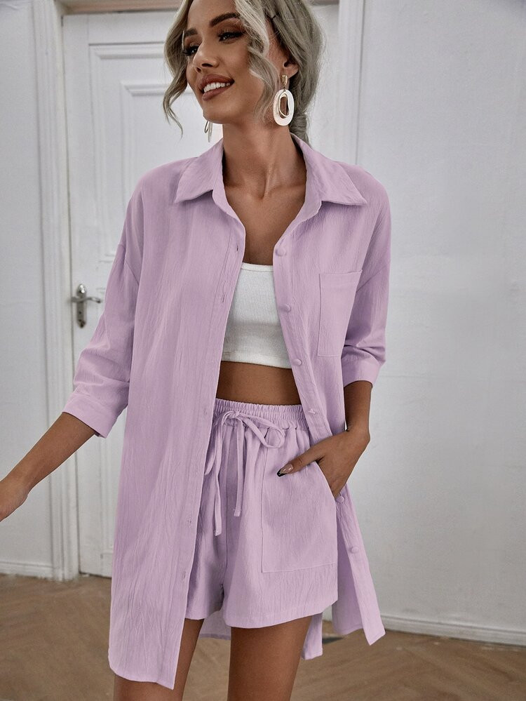 Solid Button Through Blouse & Shorts | SHEIN