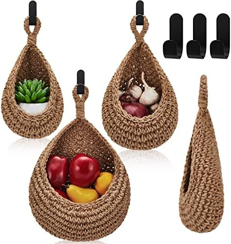 Honeydak Boho Decor Hanging Wall Baskets for Kitchen 3 Pack Teardrop Baskets with Hooks Storage F... | Amazon (US)