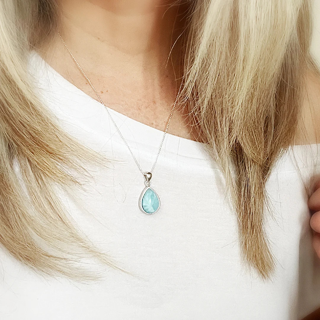 Larimar Necklace, Pear Shape Pendant, Womens Sterling Silver Necklace, Milky Blue Mothers Day Gif... | Etsy (US)