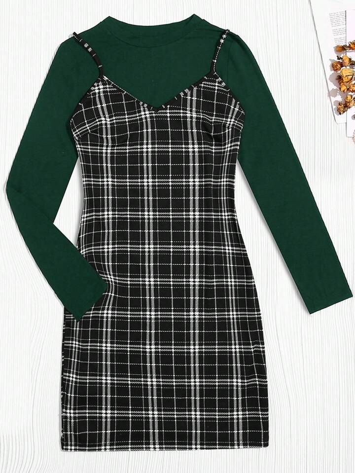 SHEIN Qutie Plus Solid Tee & Plaid Cami Dress | SHEIN