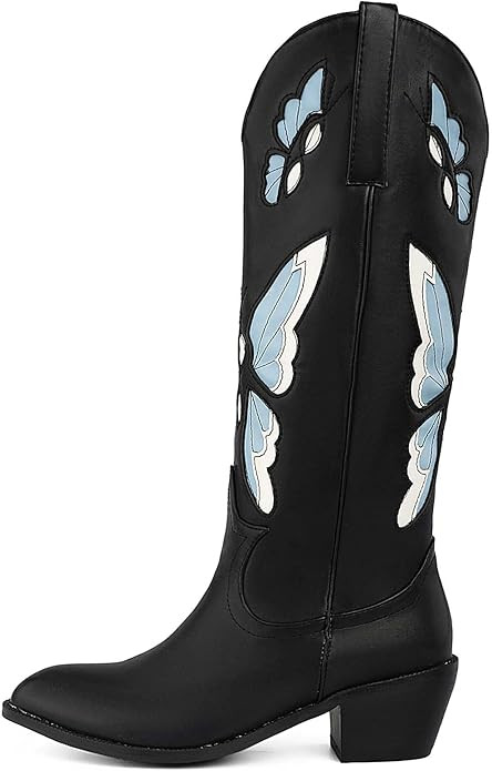 Butterfly Embroidered Cowboy Boots for Women Vintage Round Toe Chunky Heel Mid Calf Western Boots... | Amazon (US)