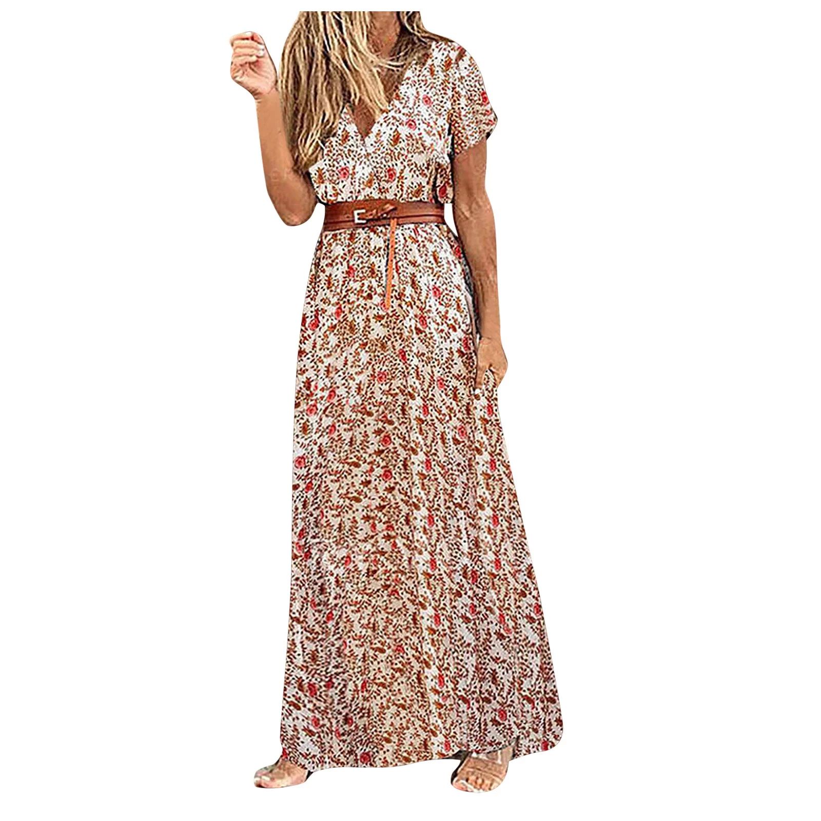 Zerlibeaful Fall Dresses For Womens V-neck New Bohemian Style Waist Printed Long Skirt Dress | Walmart (US)