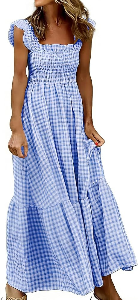 Women's Summer Plaid Dress Ruffle Spaghetti Strap Smocked Long Dresses A-Line Flowy Beach Vacatio... | Amazon (US)