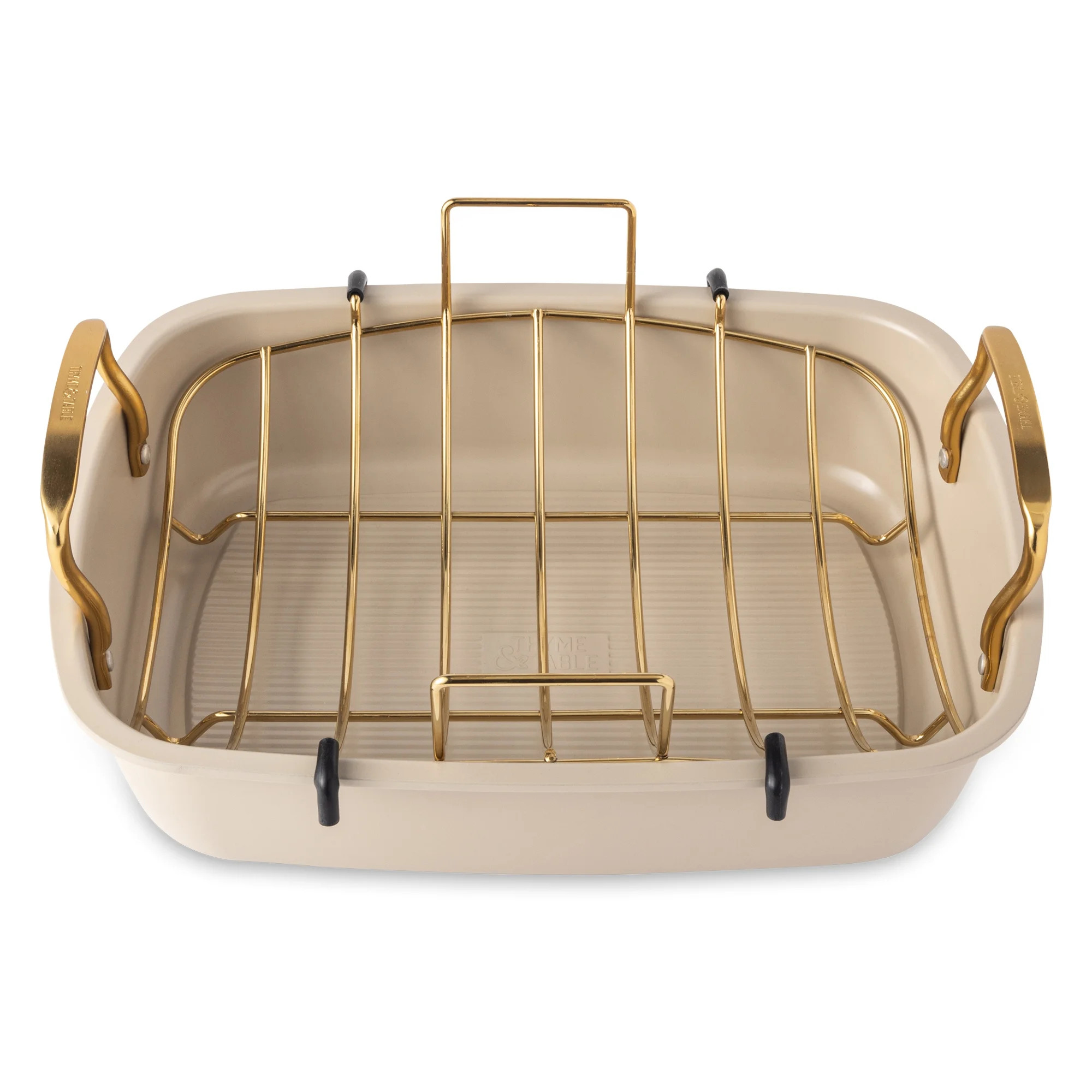 Thyme & Table 17-inch Carbon Steel Non-Stick Roasting Pan with Rack - Taupe and Gold | Walmart (US)