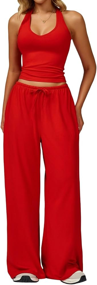 Womens Athletic Set 2 Piece Lounge Set Sleeveless Fitted Tank Top Wide Leg Pants Workout Set | Amazon (US)