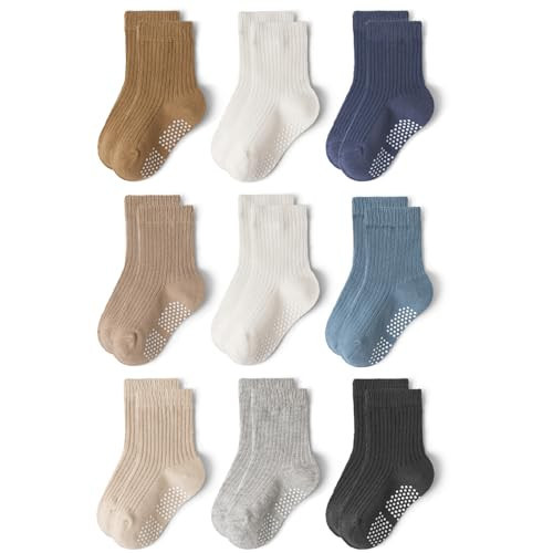 Bearbay 9 Pairs Toddler Non Slip Cotton Crew Socks with Anti-slip Dots for Infant Baby Boys Girls Plain Blue | Amazon (US)