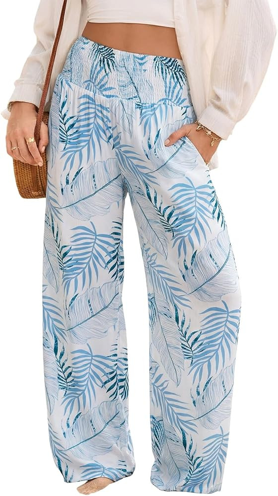 Dokotoo Women's Summer Boho Floral Bagyy Pants Wide Leg High Smocked Waist Casual Loose Palazzo P... | Amazon (US)