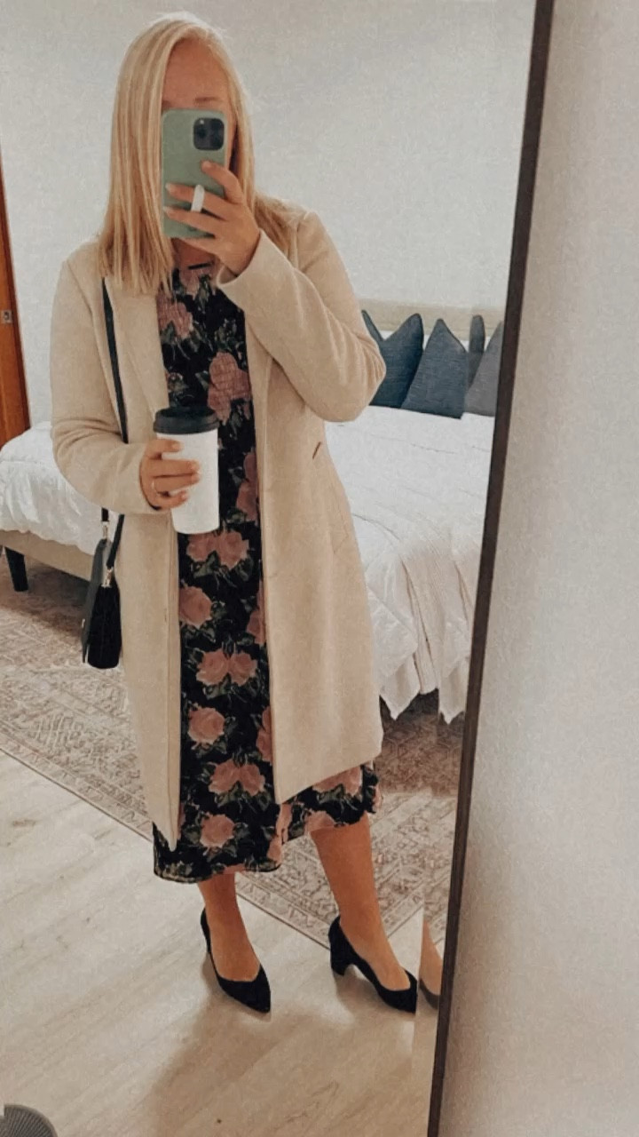 Favorite winter wool coat and my go to heels.  5’ 7” wearing a M Tall 