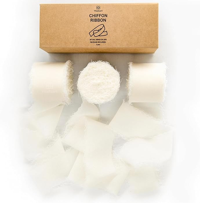 Vitalizart Cream White Handmade Chiffon Silk Ribbon Fringe 3 Rolls 1.5" x 21 Yd Ivory Frayed Edge... | Amazon (US)