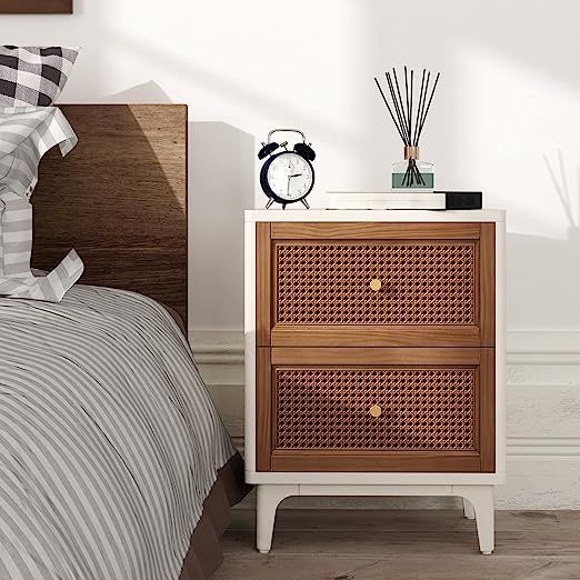 COZAYH Fully-Assembled 2-Drawer Woven Cane Front Accent Nightstand with Brass Knobs for Living Ro... | Amazon (US)