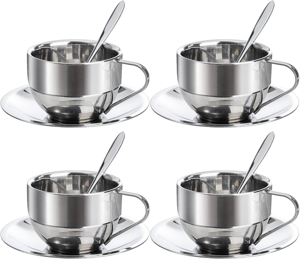 Okllen 4 Pack Stainless Steel Coffee Cup Set, 6 Oz Coffee Mugs with Spoon and Saucer, Double Wall... | Amazon (US)