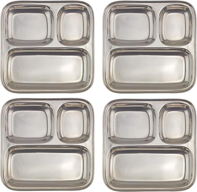 Darware Stainless Steel Divided Plates/Compartment Trays (4-Pack); 9.8 x 8.1 Inches Oblong 3-Sect... | Amazon (US)