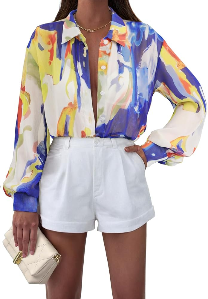 MEROKEETY Women's Summer Button Down Blouses Long Sleeve Tie Front Floral Boho Chiffon Shirt Tops | Amazon (US)