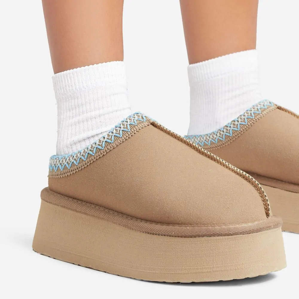 Tazmin Aztec Detail Faux Fur Lining Platform Slipper In Light Chestnut Faux Suede | EGO Shoes (US & Canada)