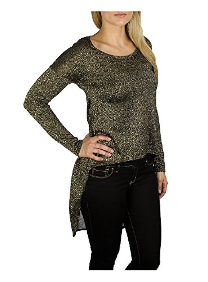 Ing Women's Black & Gold Glitter Long-Sleeve Dress Shirt with High-Low Long Shirt-Tail Back, Made in | Amazon (US)