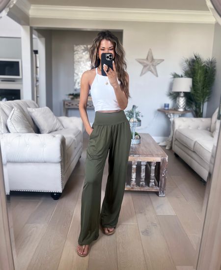 Comfy wide leg pants//tad loose and long (wearing size up)//size small//5’1//sports bra top//removable pads//tts//size small//sized up 1/2 in sandals//

#LTKFind #LTKsalealert #LTKunder50