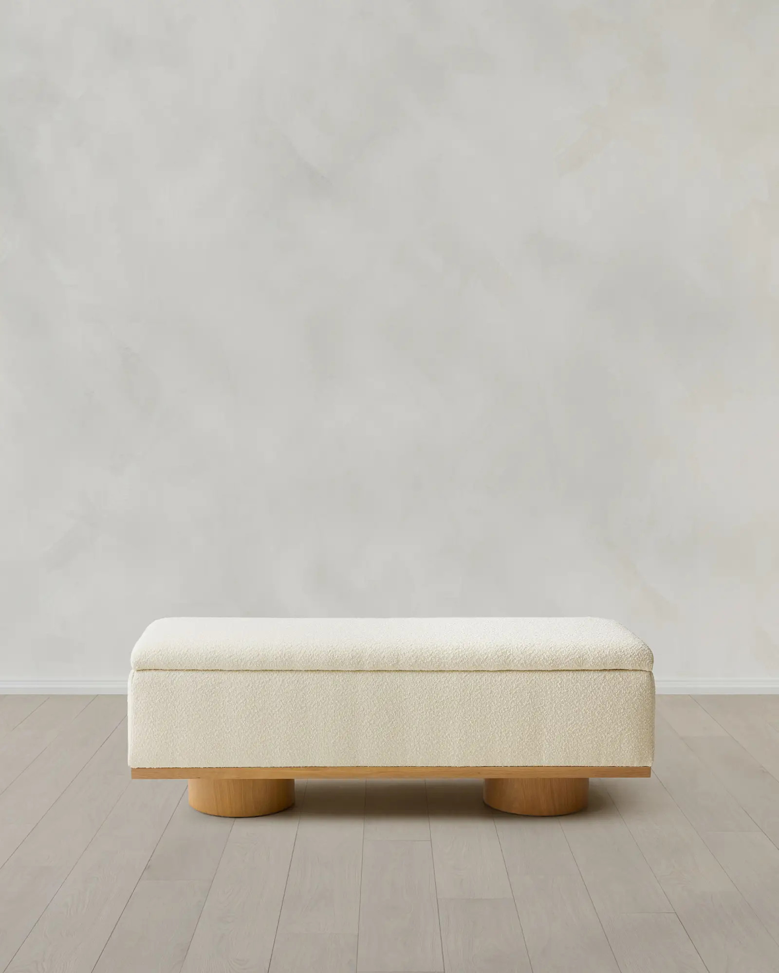 Oak and Performance Boucle Storage Bench in Ivory | Quince