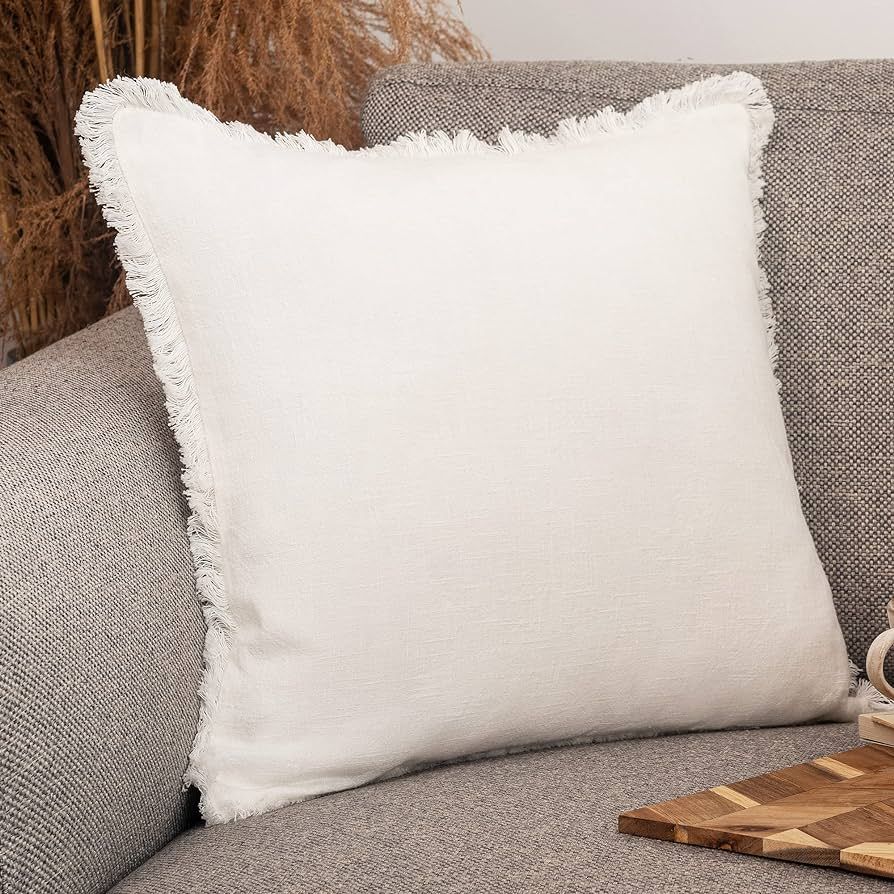 INSPIRED IVORY Linen Throw Pillow Cover 20x20 Inch - Off White Pillow Cover with Tassel Trim - De... | Amazon (US)