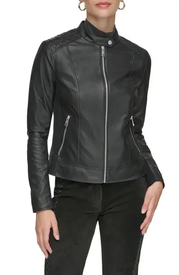 Andrew Marc Leather Racer Jacket in Black at Nordstrom Rack, Size X-Small | Nordstrom Rack